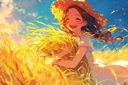 金色稻田中的快乐少女图片