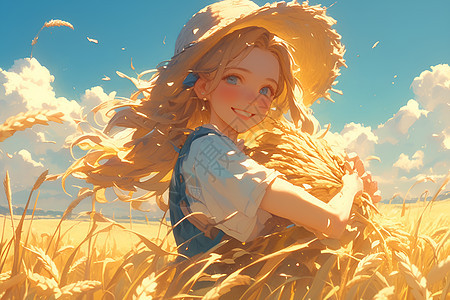 女孩在金黄麦田间图片