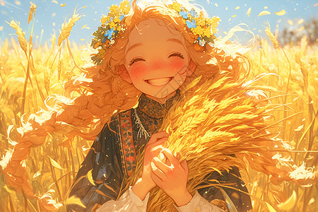 金黄色的稻田中一个欢快的小女孩图片