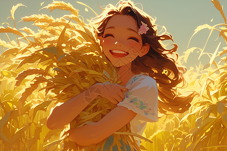 笑容可爱的女孩在金黄的稻田中图片