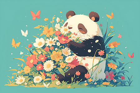 可爱的熊猫拿着花图片