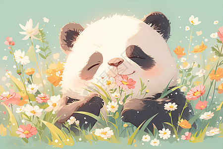 可爱的熊猫拿着花朵坐在草地上图片