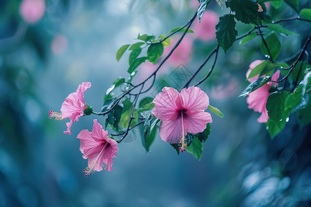 粉色花朵在树枝上生长图片