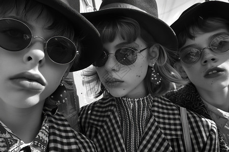 黑白照片中三位戴着帽子和太阳镜的女士图片