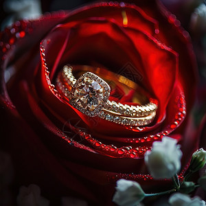 浪漫红玫瑰上摆放着结婚戒指图片