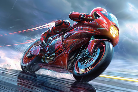 红色摩托车在云雾中沿着赛道行驶背景图片