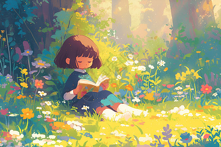 草地中坐着看书的女孩图片