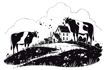 田地中的房子和奶牛图片