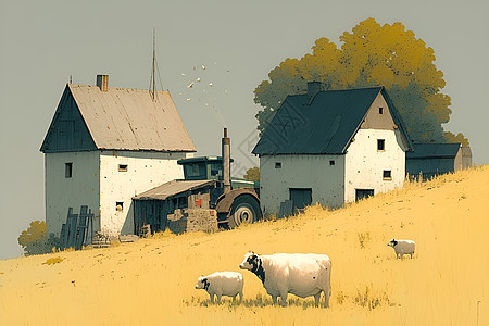 田野中的房屋和奶牛图片