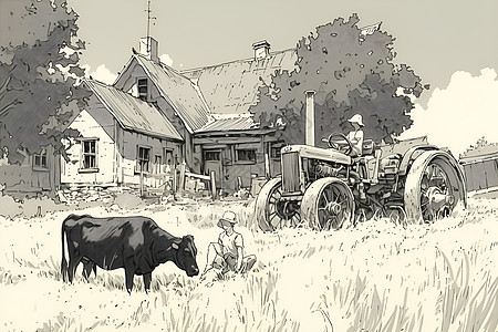 田野中的房子和牛儿图片