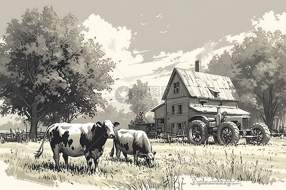 草地中的牛和房子图片