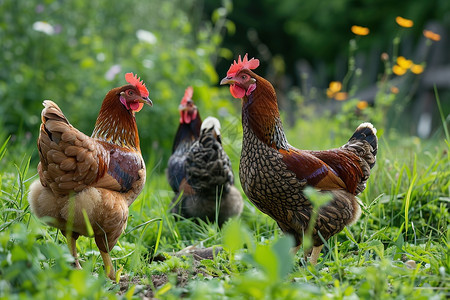 鸡群站在茂盛的绿草花田上图片
