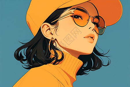 女孩的橙色帽子和太阳镜图片