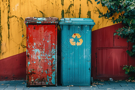 彩色垃圾桶旁的黄红墙图片