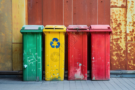 多彩垃圾桶排列在建筑物旁图片