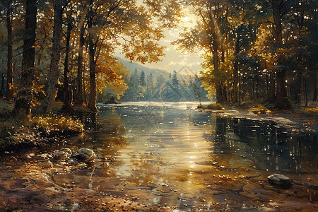 阳光穿过树木映射在水面上图片