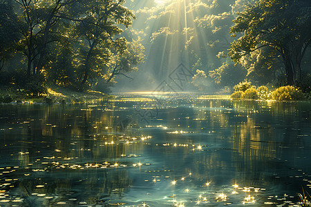 阳光穿过树林映照在水面上图片