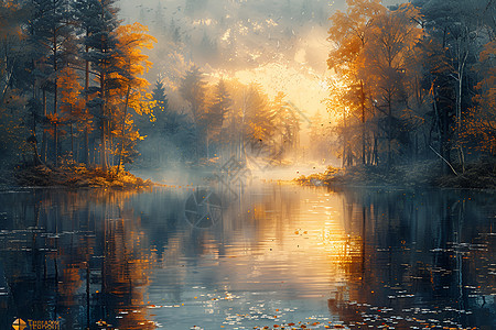 秋日艳阳下的湖光山色图片