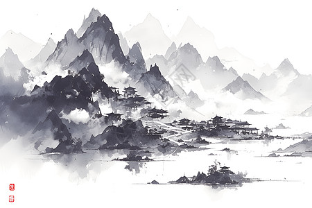 山水相依的中国传统墨画图片