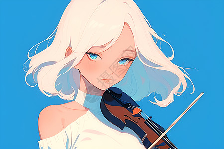 白发蓝眸的少女与小提琴图片