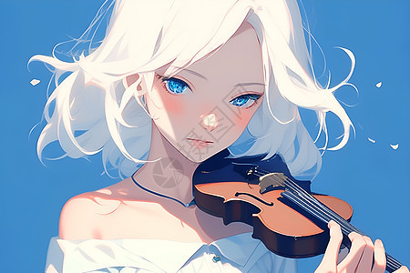 白发蓝眼少女在拉小提琴图片