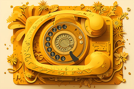 黄色电话与花边框装饰图片