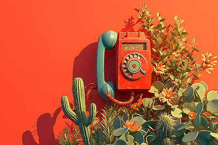 红色电话与仙人掌图片