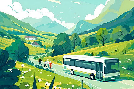翠绿山脉间的巴士图片