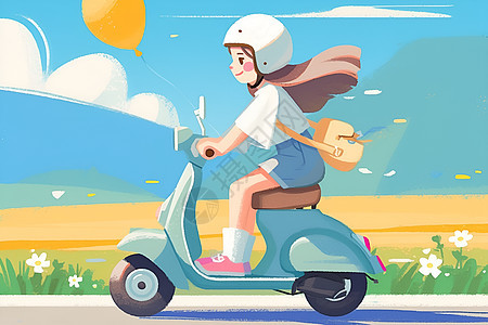 道路上骑着电动车的女孩图片