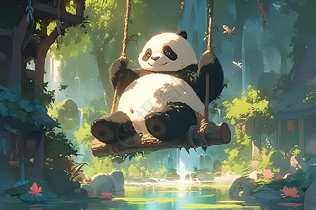 玩秋千的熊猫图片