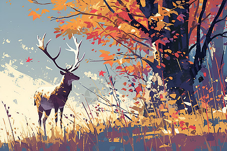 绘画的鹿和树木图片