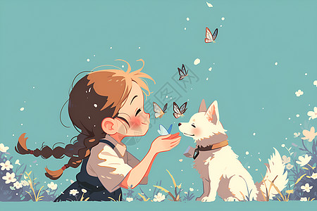 少女与小狗在花丛中图片