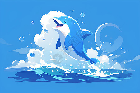 蓝白色海豚跃出水面图片