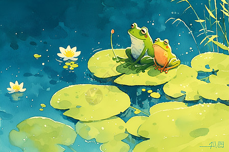 三只绿蛙在莲叶上图片