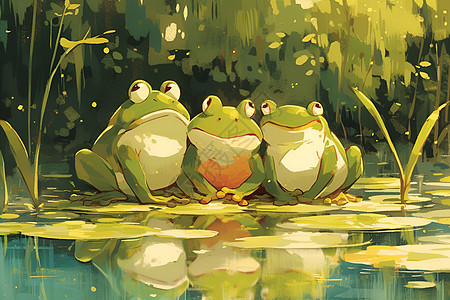 三只青蛙在莲叶上图片