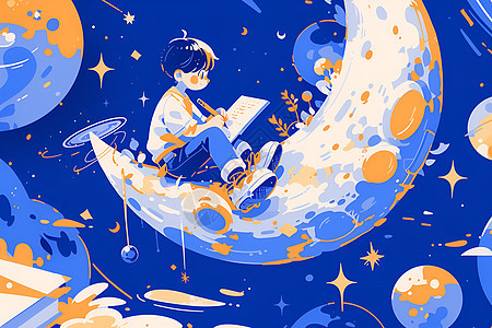 月亮上看书的男孩图片