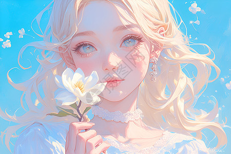 少女与白色花朵图片