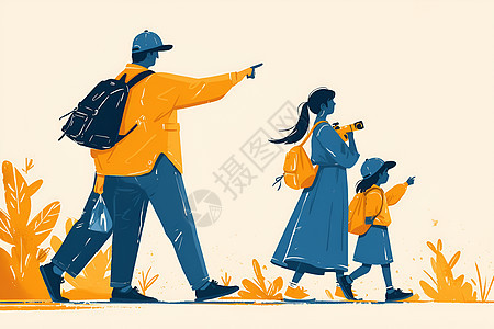 漫步的一家人插画图片