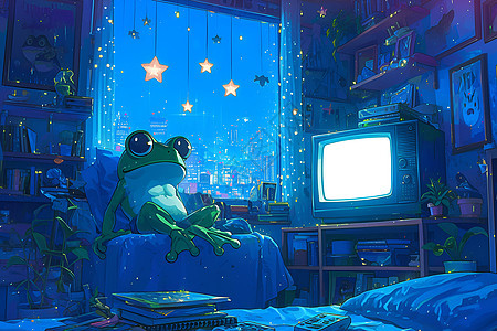 青蛙在沙发上看电视图片
