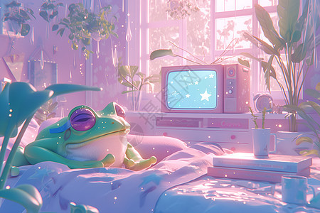 床上看电视的青蛙图片