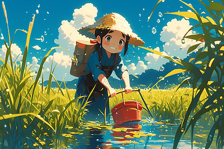 稻田河流里的女孩图片