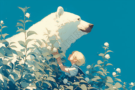 小女孩与大白熊在草地上图片