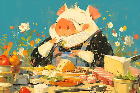 猪在享用餐桌上的美食图片
