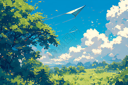 风筝翱翔蓝天上绿树丛中画声清图片