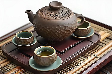 陶茶具放在桌子上图片