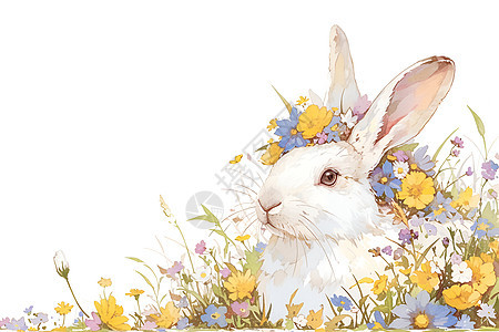 花朵包围的兔子图片