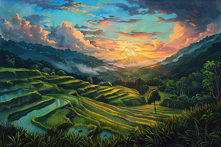 山脉夕阳下的稻田图片