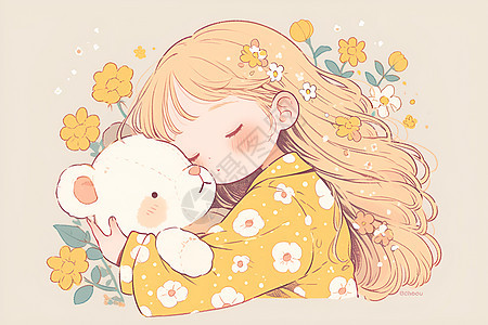 女孩抱着玩具熊入睡图片