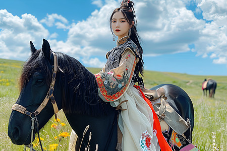 草原上骑着马的中国姑娘图片