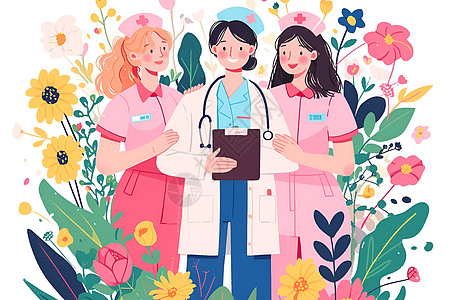 花卉中的医护团队图片